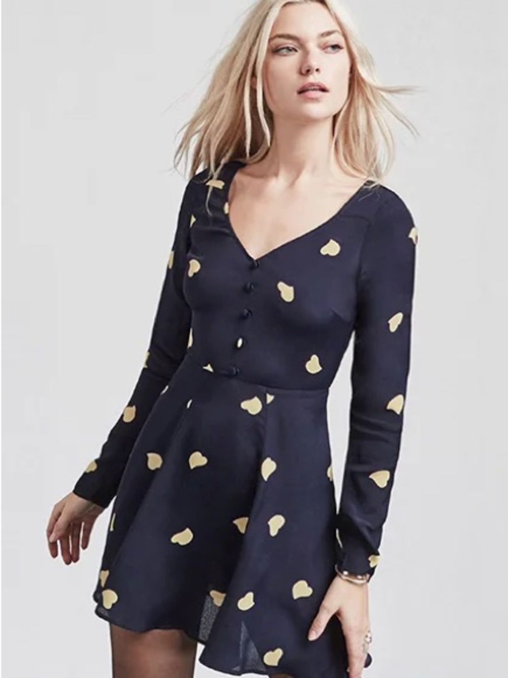 Reformation Emmy Navy Long-Sleeve Yellow Heart-Print Mini Dress EUC Sz 6